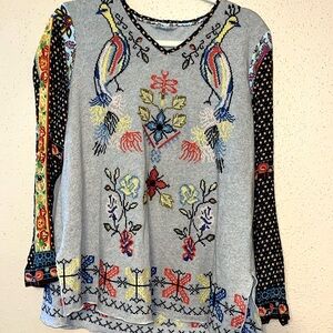 Sz XS John Mark Gray Mexican Embroidered Pea Hen Tunic Shirt
